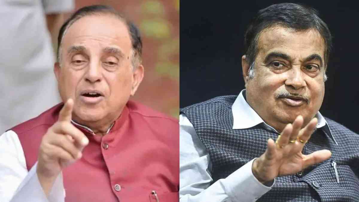 From left: Rajya Sabha Member Subramanian Swamy, Union Minister Nitin Gadkari